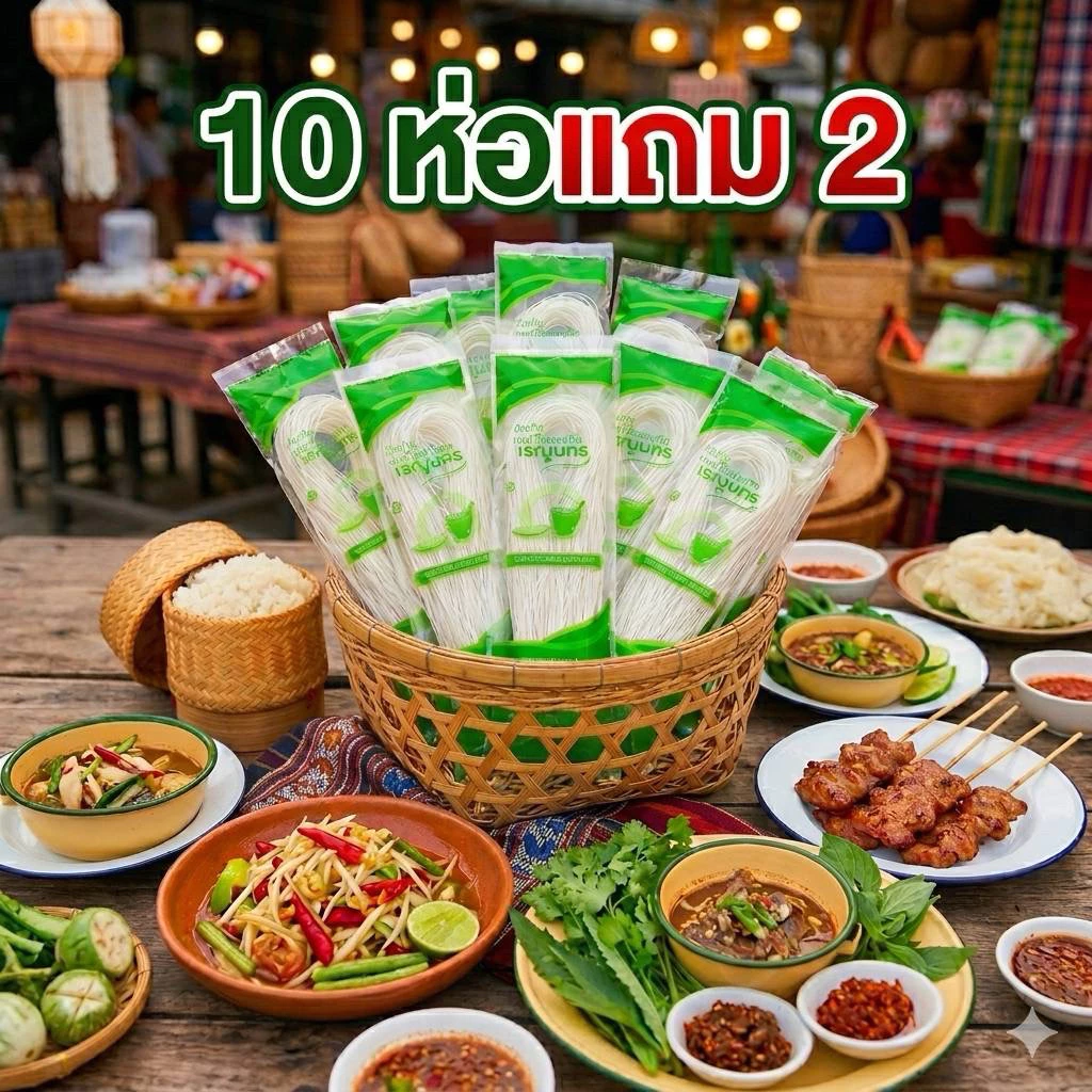 ขนมจีนอบแห้งเรณูนครโปร 10 ห่อแถม 2 เส้นเล็กเหนียว นุ่ม 50g.