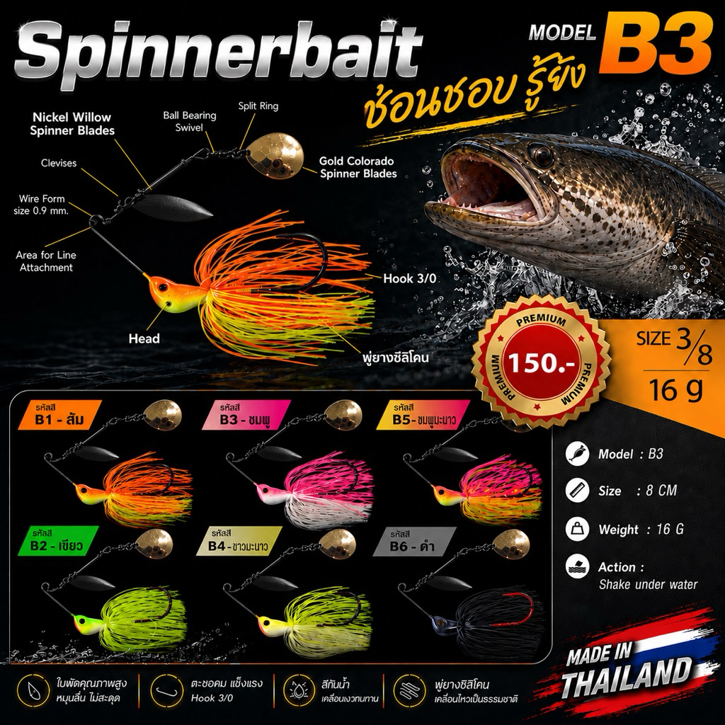สปินเนอร์เบท บี3 เต็มคำ ตกปลาช่อน B3 Spinner bait รูปที่ 8