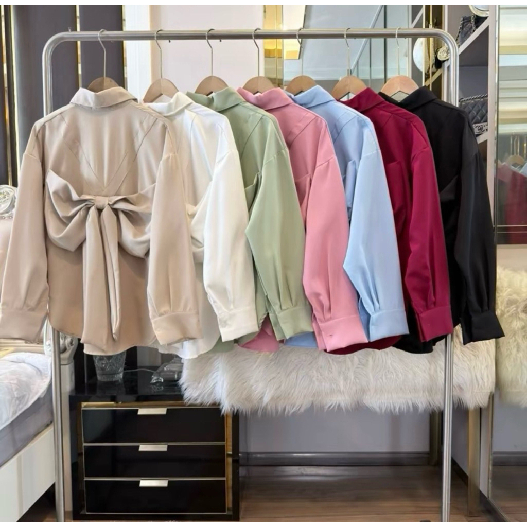 (อก 50“) เสื้อเชิ้ตแขนยาว !! ผูกโบว์หลัง (ผ้า Pepe) 🎀 สีสดใส Over size ✔️
