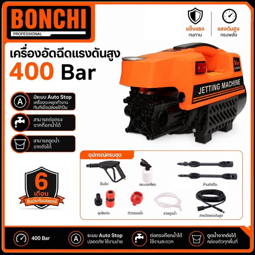BONCHI - STR เครื่องฉีดน้ำแรงดันสูง 400 bar 3500w | เครื่องอัดฉีด ล้างรถ ล้างพื้น กำแพง | มี 2 รุ่น 2 ตัวเลือก