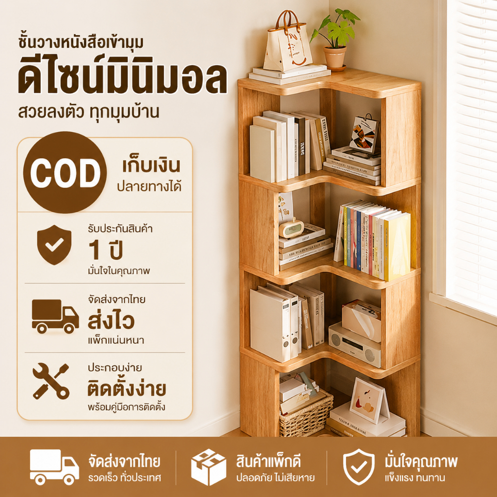 ชั้นวางเข้ามุมไม้📚 ประหยัดพื้นที่ จัดบ้านสวย เก็บของได้เยอะ  เหมาะคอนโด ห้องเล็ก  ส่งจากไทยCOD
