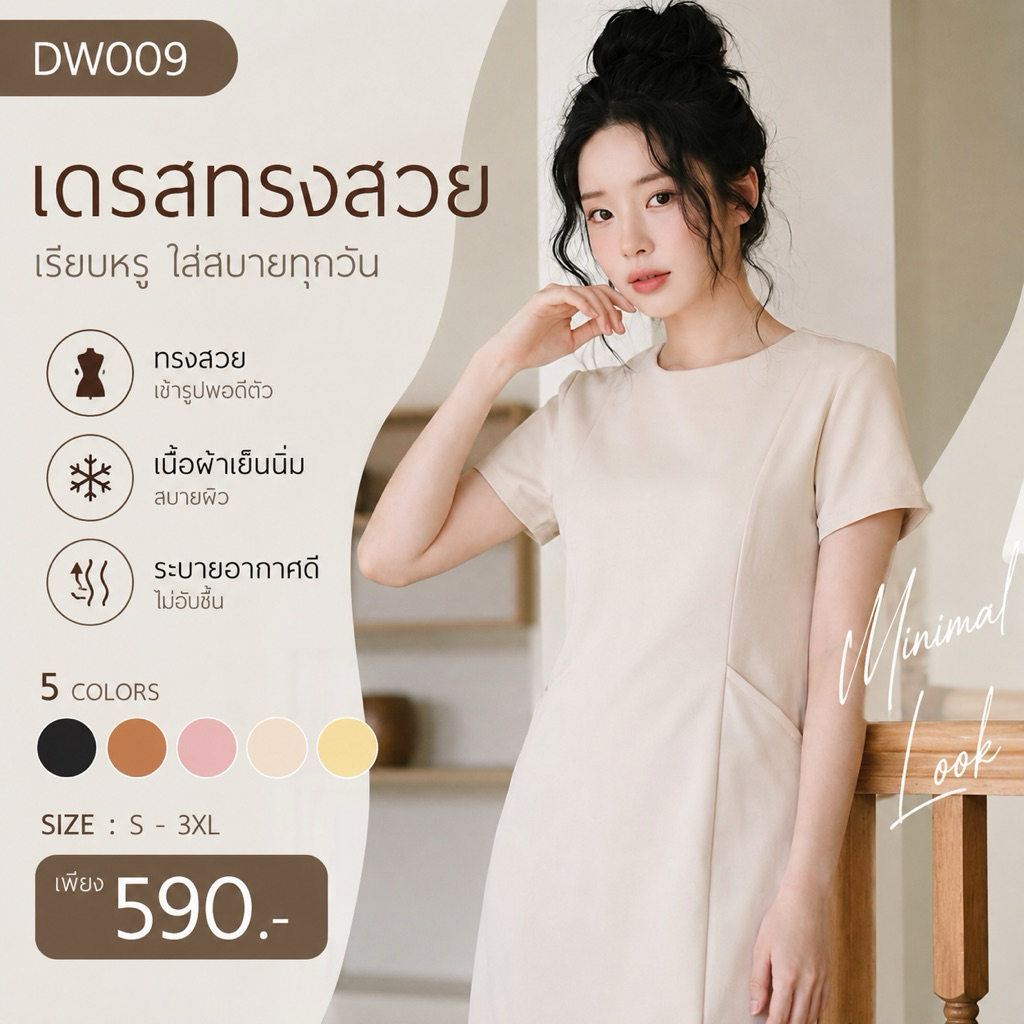 DW009# ชุดทำงานใส่สบาย ชุดทำงานผู้หญิง สาวออฟฟิศ เดรสสั้น แขนสั้น คอกลมปาด กระโปรงตรง [Chills.bkk]