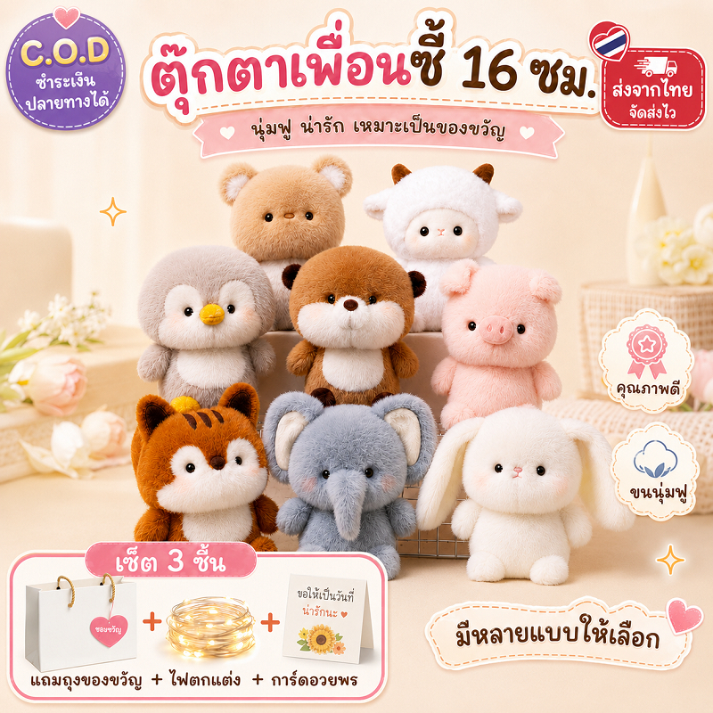 【COD】🧸🐰 ตุ๊กตาสหาย ชุด 4 ชิ้น 16เซนติเมตรช้างตุ๊กตาสัตว์หมอน แฟชั่นหมีสุดนุ่มตุ๊กตาสัตว์ของเล่นตุ๊กตานอนของขวัญ