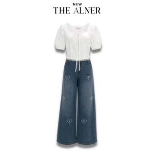 Thealner-AN467 (เซตเสื้อขาวแขนตุ๊กตากระดุมหน้ากางเกงยีนส์ปักหัวใจ)