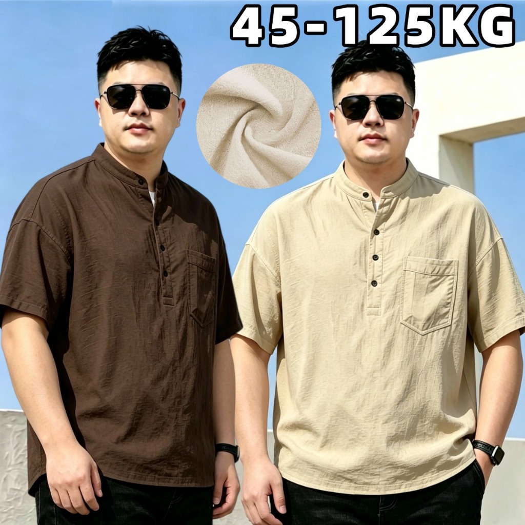 ✨45-125KG✨ เสื้อผู้ชายไซส์ใหญ่ เชิ้ตแขนสั้น เสื้อลินิน ทรงหลวม สีพื้น วินเทจ ผ้านุ่มใส่สบายไม่ร้อน