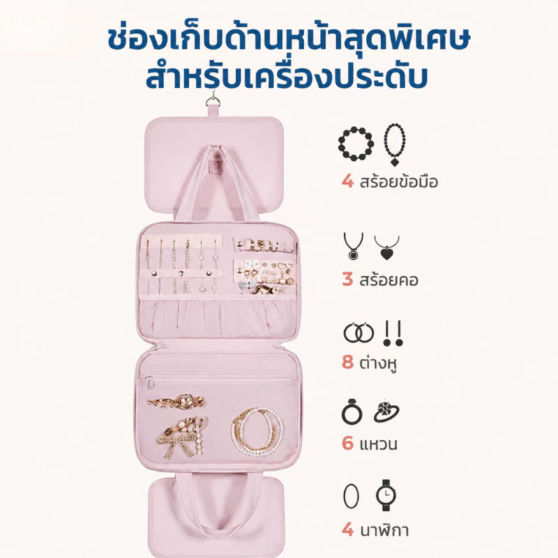 ที่เก็บของเดินทาง แขวนกระเป๋าเครื่องสำอาง ขนาด XXL มีพาร์ทิชันแยกช่อง ใช้พกพาสะดวก เหมาะเก็บเครื่องประดับและสิ่งต่างๆ thumbnail 3