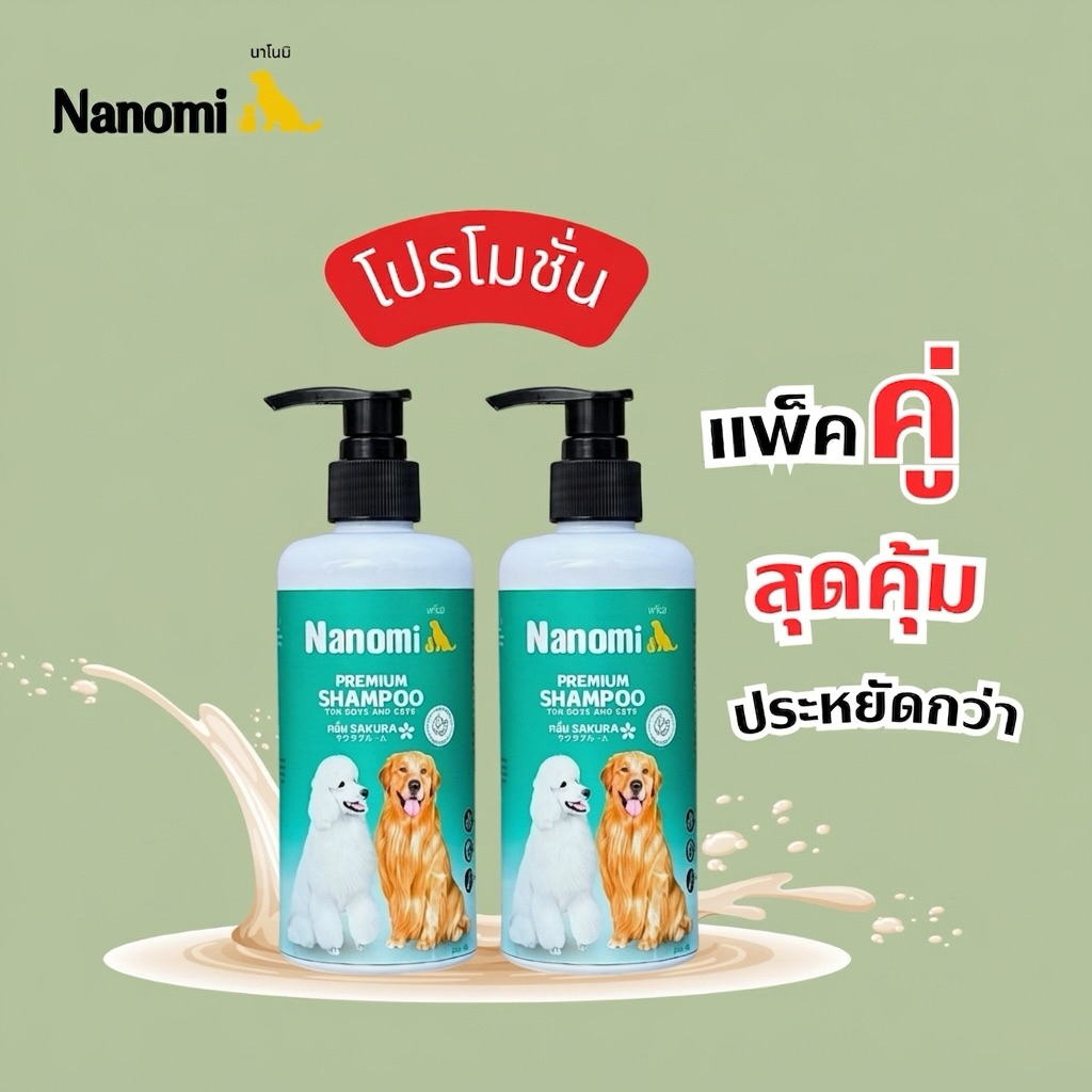 Nanomi(นาโนมิ)แพ็คคู่สุดคุ้ม! แชมพูอาบน้ำสุนัขและแมว ลดคันเกากลิ่นตัวช่วยให้ขนนุ่มฟูสวยน่ากอดขนาด250ml.