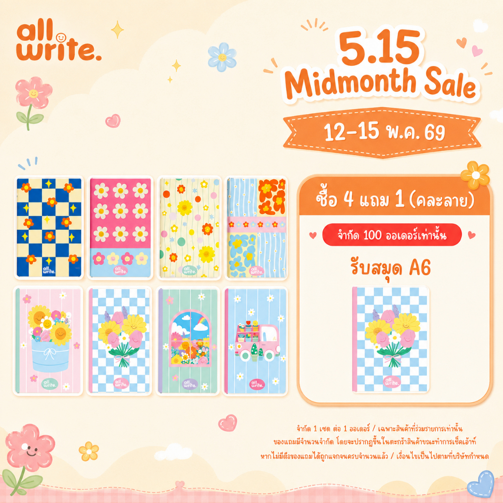 allwrite สมุดโน๊ต สมุดจดบันทึก A6 แบบมีเส้น ลายสุดน่ารัก มี 4 ลาย AW334