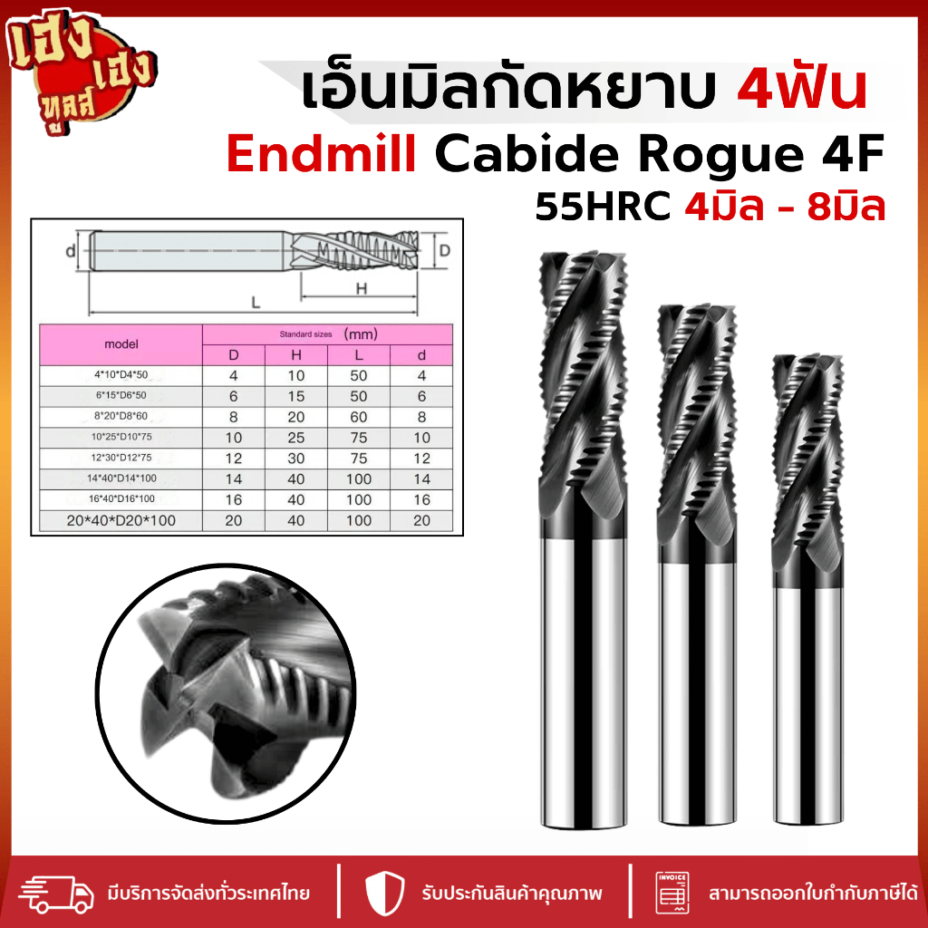 เอ็นมิลคาร์ไบด์กัดหยาบดำ 55HRC 4ฟัน Endmill Carbide Rough 4F (4-8mm) สีดำ ชุบแข็ง กัดสแตนเลส เหล็ก