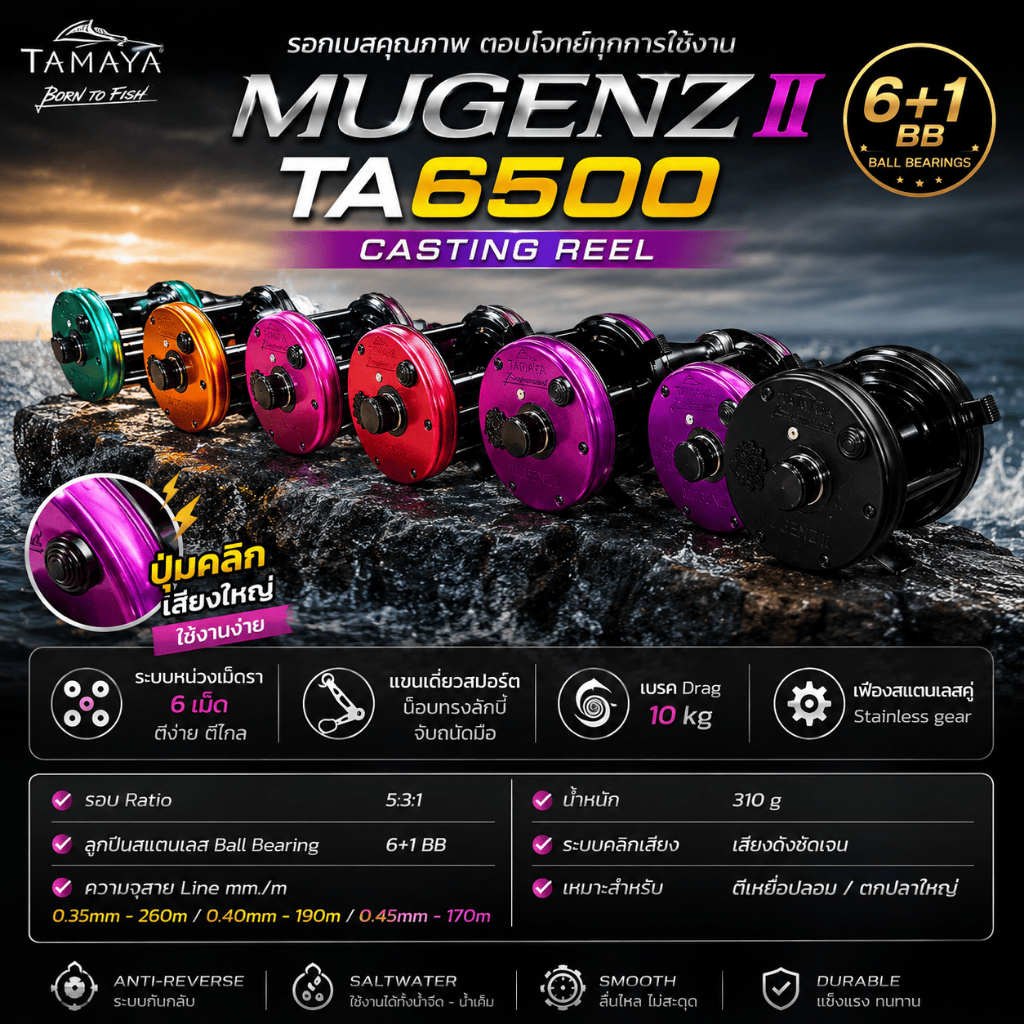 [ ของแท้ ] รอกเบส รอกเบท Tamaya MUGENZ II TA6500 6+1BB ปุ่มคลิกเสียงใหญ่ ใช้งานง่าย Casting Reel