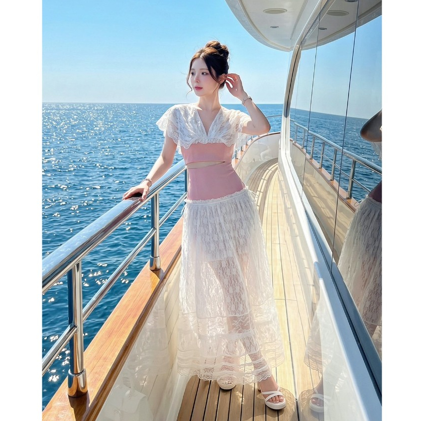 งานป้ายแฟชั่น Widelia สีชมพู Ballet Lace Set  เสื้อสายเดี่ยวปกลูกไม้ + กระโปรงยาว ตัวเสื้อสายเดี่ยวปรับได้ ทรงสวย