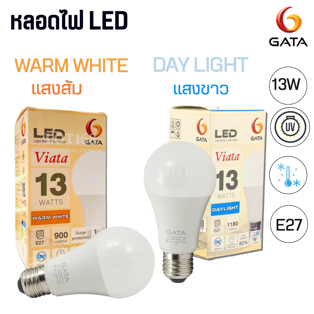 หลอดไฟ LED GATA 13 วัตต์ แสงขาว และ แสงส้ม หลอดไฟบ้าน