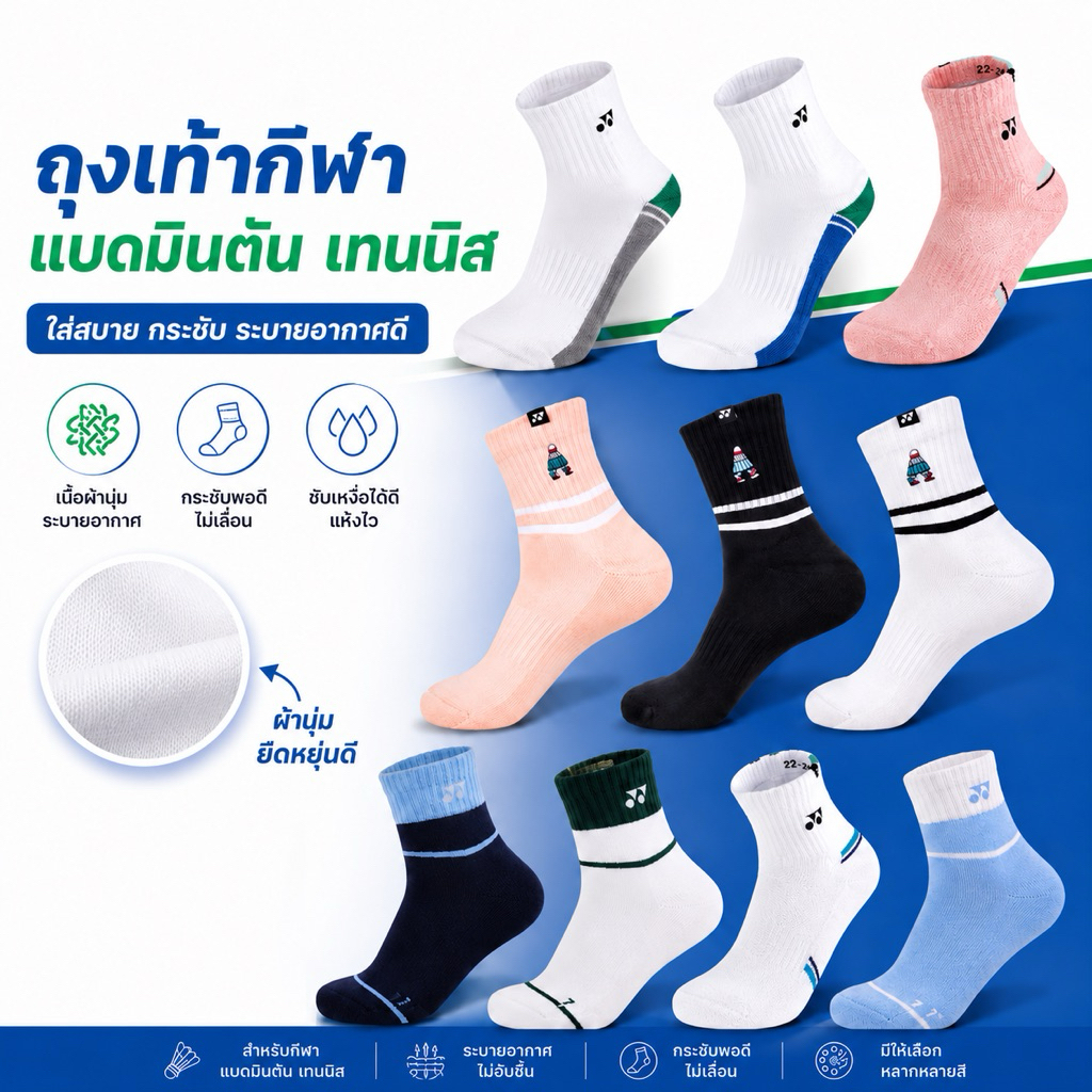 ถุงเท้ากีฬา แบดมินตัน เทนนิส Yonex โยเนก  พื้นหนานุ่ม