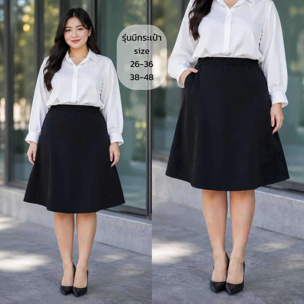 กระโปรงทำงานทรงเอ (มีกระเป๋าข้าง) ผ้าเปเป้ สาวอวบ เอวยางสม็อค 26-48