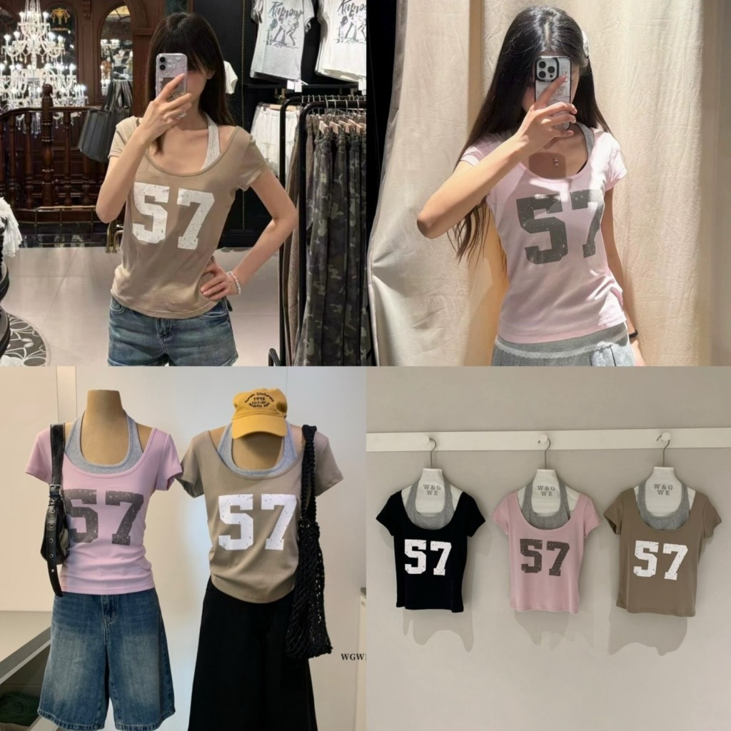 9624 Set2pcs เสื้อแขนสั้นคอยู+เสื้อคล้องคอ งานป้าย WG.WE 🇰🇷