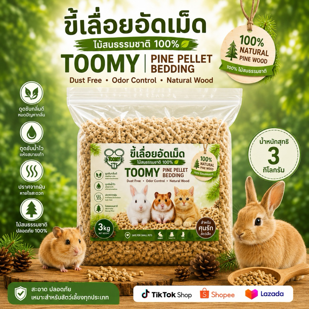 TOOMY ขี้เลื่อยอัดเม็ด ไม้สนธรรมชาติ 100% สำหรับรองกรงสัตว์เลี้ยง ดูดซับกลิ่นและชื้น ฝุ่นน้อย ใช้งานสะอาด ราคา ถูกที่สุด ดีลบีเคเค แกลเลอรีภาพที่ 3