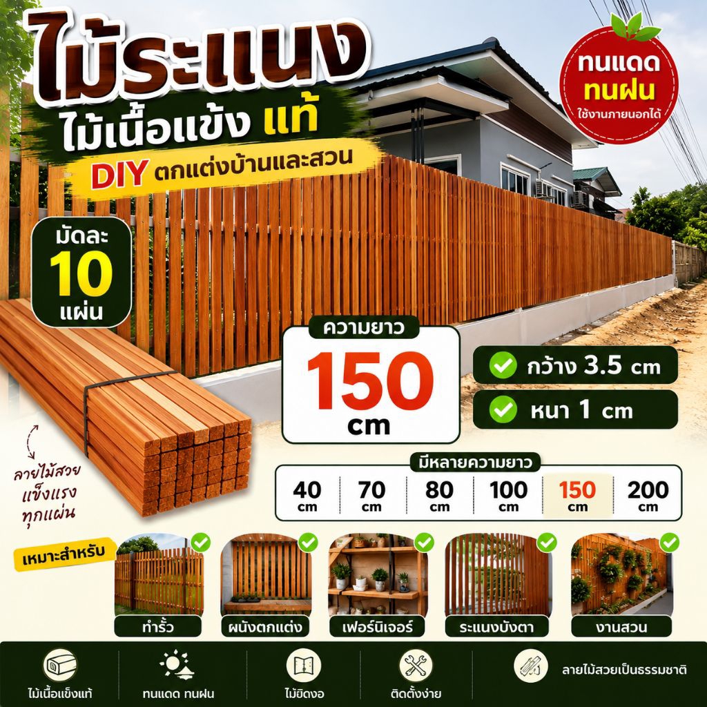 ไม้ระแนง มัดละ 10 แผ่น ไม้เนื้อแข็ง สำหรับDIY (ใหม่)  ลายสวย  ยาว 150 กว้าง 3.5 cm หนา 1 cm