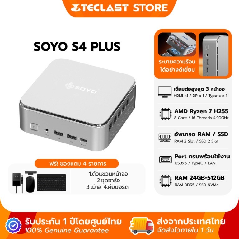 🇹🇭 (พร้อมส่ง) Teclast Soyo S4 Plus Mini PC  Ryzen 7 H255 │RAM 24GB DDR5 /  SSD 512GB Nvme │WIFI6E │ป