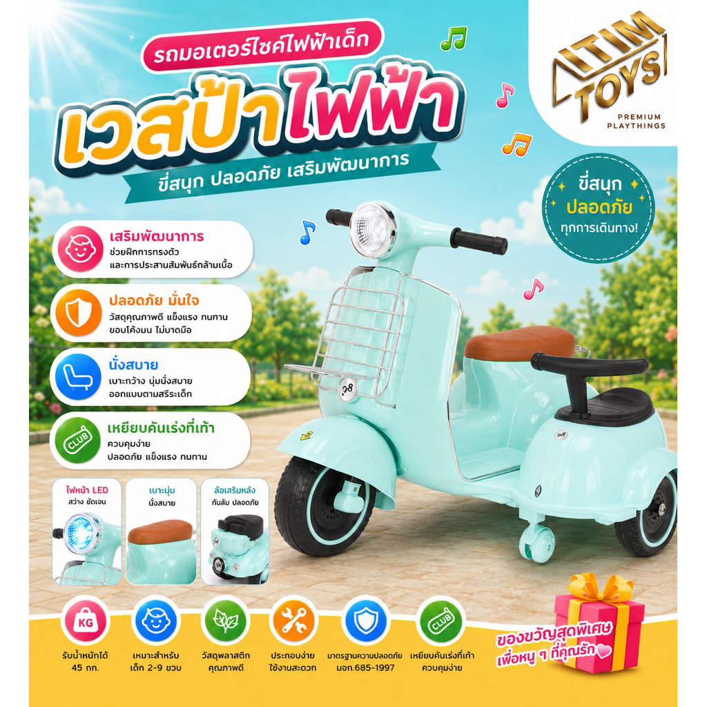 💥HOT💥 itimtoys  รถแบตเตอรี่ รถแบตเตอรี่ทรงเวสป้า รถไฟฟ้าเด็ก รุ่น AM-124