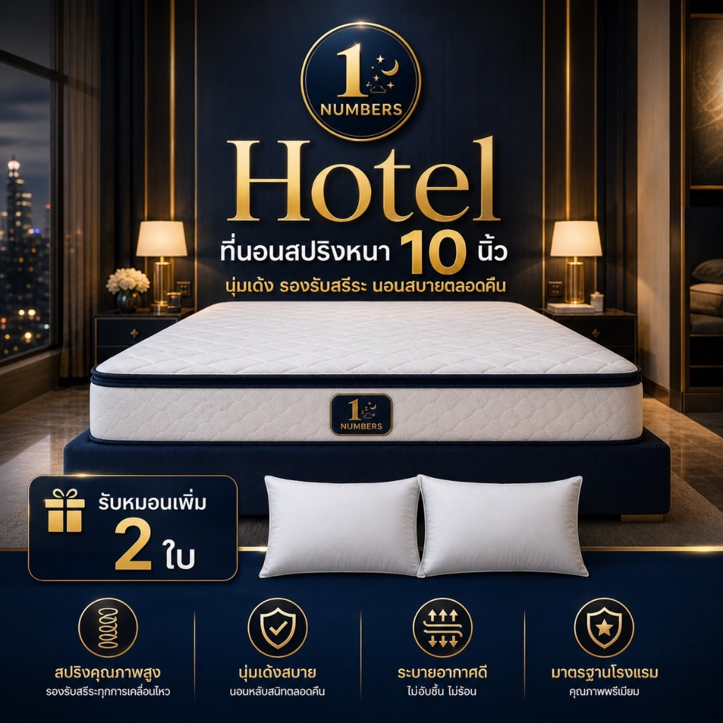 Number 1 sleep ที่นอนซุปเปอร์รุ่น HOTEL สปริงหนา 10 นิ้ว รับเพิ่มหมอนหนุน 2 ใบ