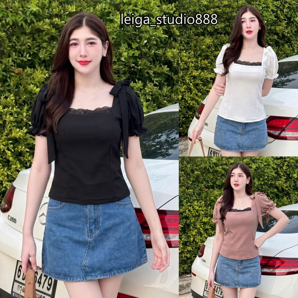 เสื้อแฟชั่น ผ้าวูลเวฟ คอเหลี่ยมแต่งลูกไม้  แขนตุ๊กตา ผูกโบว์ไหล่ ใส่แมท T019
