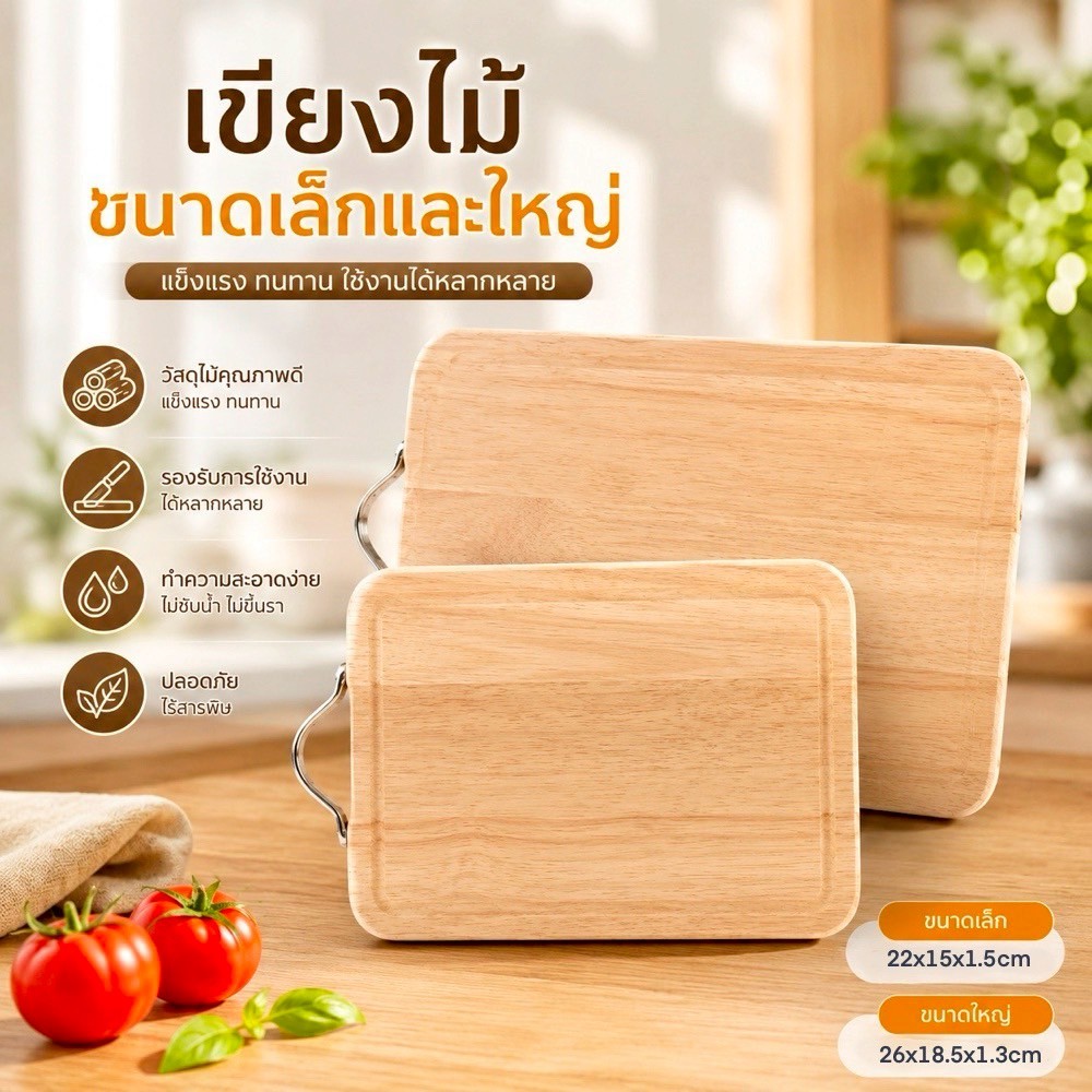 เขียงไม้คุณภาพดี ขนาดเล็ก 6x9 นิ้ว และใหญ่ 7x10 นิ้ว แข็งแรง ทนทาน เหมาะสำหรับใช้งานในครัวเรือน