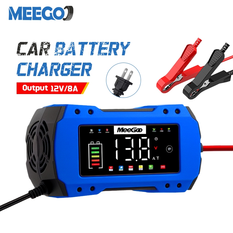 MeeGoo เครื่องชาร์จแบตเตอรี่รถยนต์12V 8A ที่ชาร์จแบตรถ จอLCD ปิดเปิดอัตโนมัติ ปล่อยภัย สำหรับรถ12V