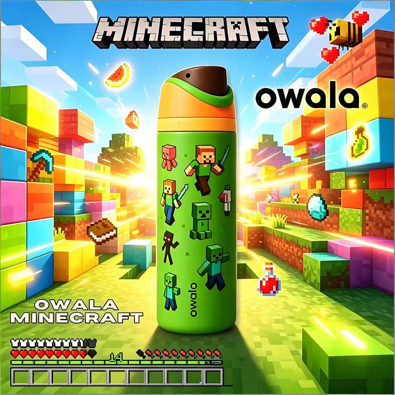 ขวด Owala x Minecraft 24oz เอาใจลูกชายสายเกมเมอร์แท้ Owala FreeSip 24/32oz ขวดน้ำสแตนเลสกันรั่วทนร้อ