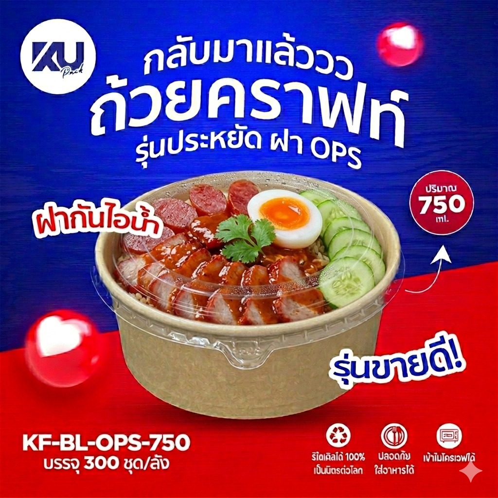 KU/ถ้วยกระดาษคราฟท์/500ml,750ml,1000ml/25ชุด