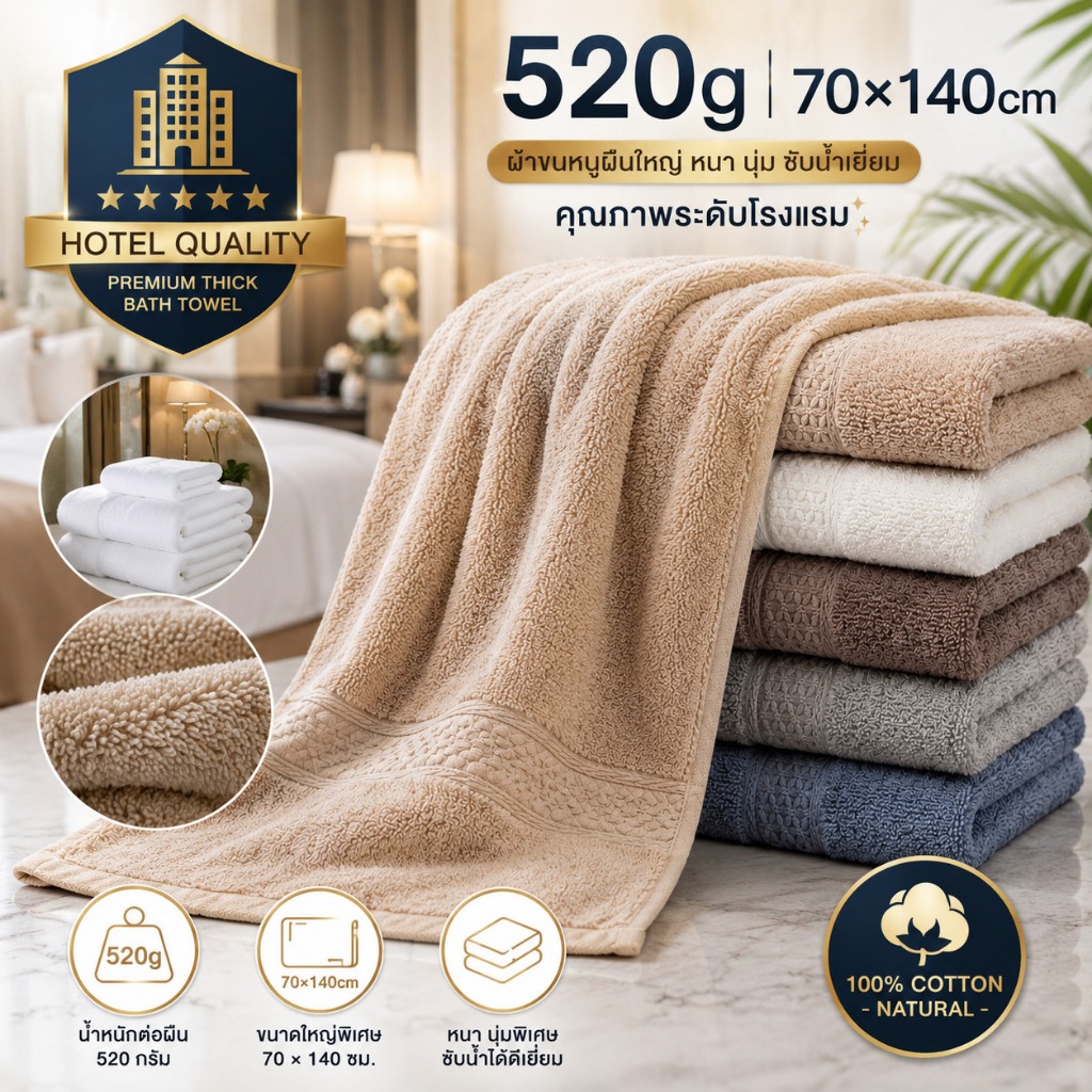 ชุดผ้าขนหนูอาบน้ำและผ้าเช็ดมือ ขนาด 520 กรัม และ 130 กรัม ซึมซับน้ำได้ดีเยี่ยม มีหลายสีให้เลือก ผลิตจากผ้าฝ้ายแท้ 100%
