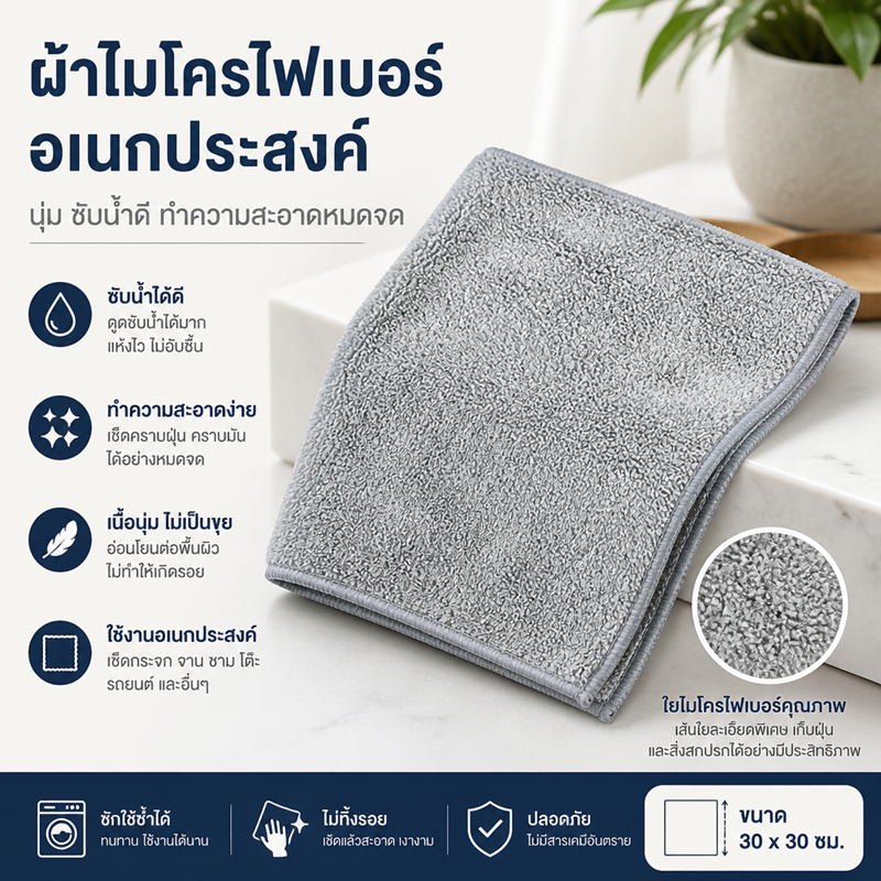 ผ้าเช็ดทำความสะอาดอเนกประสงค์ เนื้อละเอียด ไม่หลุดร่วง ซับน้ำไว ใช้เช็ดครัว ห้องน้ำ กระจก หรือเฟอร์นิเจอร์ สีสวย ใช้ได้น