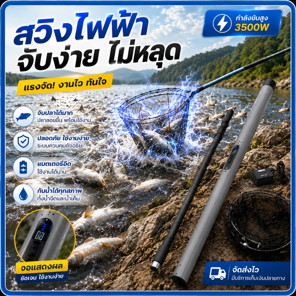 อุปกรณ์จับปลา 3500W รุ่น24เซลล์ CNC 4โหมด กันน้ำ ใช้งานง่าย แบตอึด พร้อมหัวตาข่ายพับได้