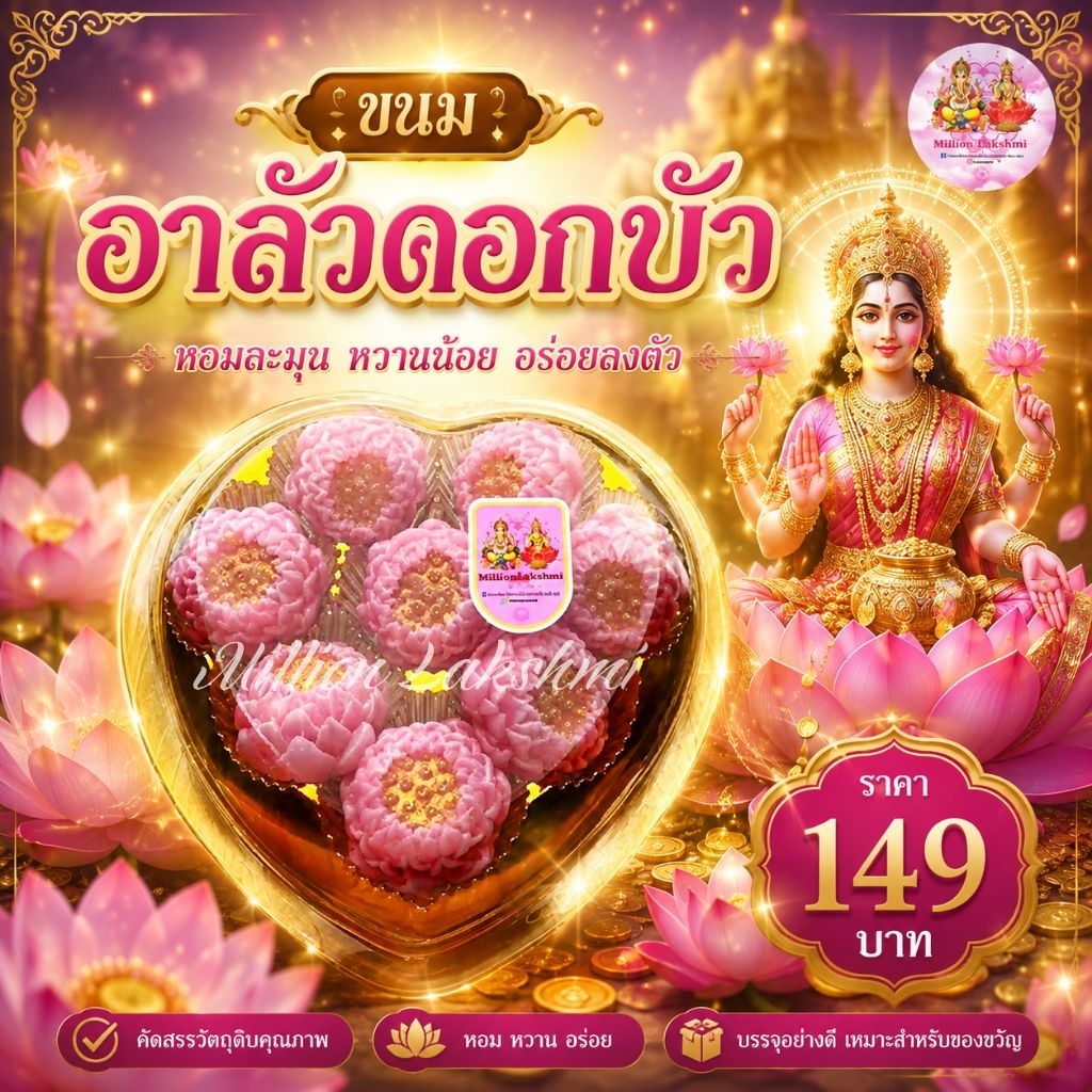 (พร้อมส่งใน 2 วัน)ขนมพระแม่ลักษมี พระแม่อุมาเทวี อาลัวดอกบัว ดอกกุหลาบจิ๋ว 1 กล่อง 8 ชิ้น กล่องรูปหัวใจ เลือกด้านในค่ะ