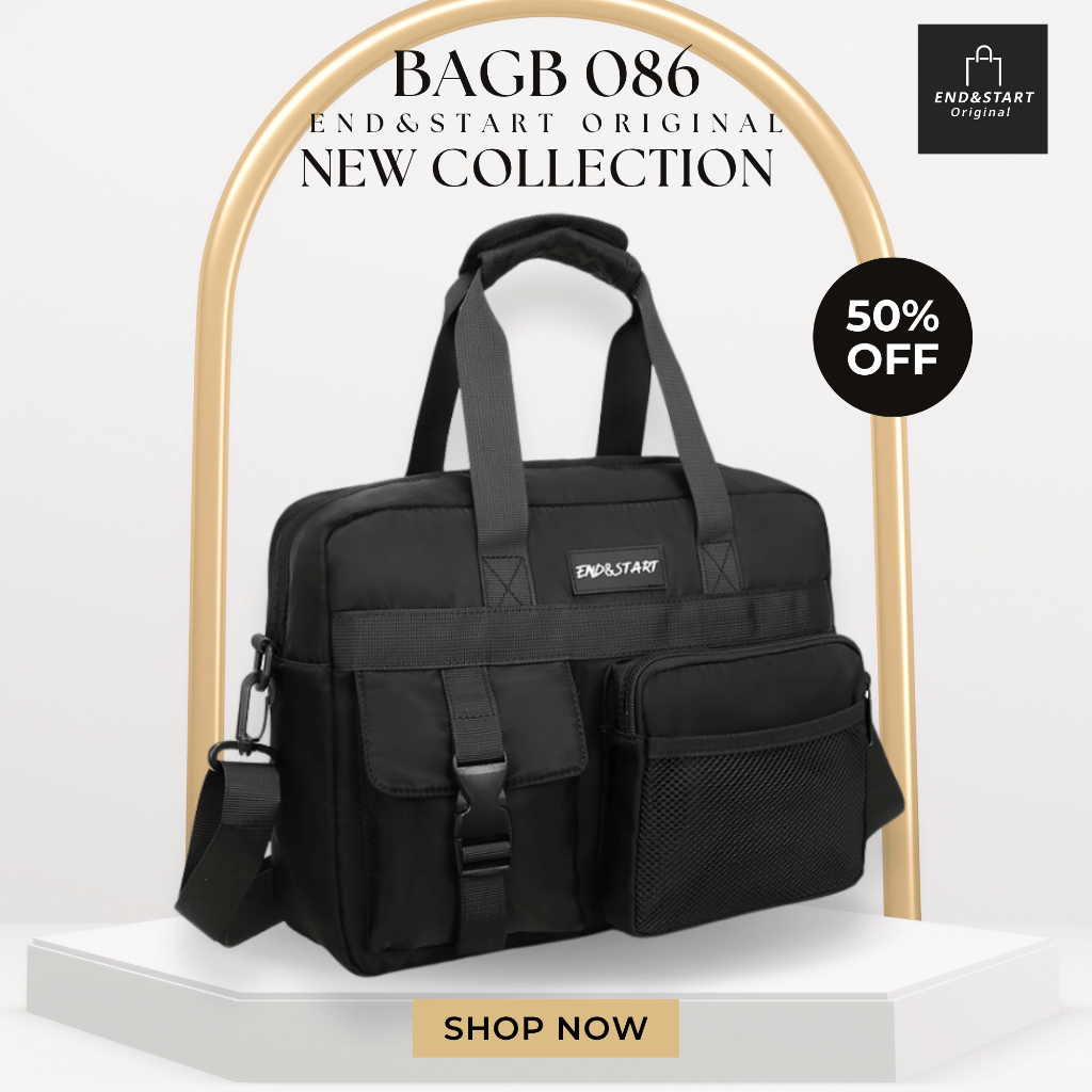 BAGB087 END&START กระเป๋าเป้ Backpack สีดำ ใส่โน๊ตบุ๊ค 16 นิ้ว/iPad/A4 ช่องเยอะ สายรัดข้าง