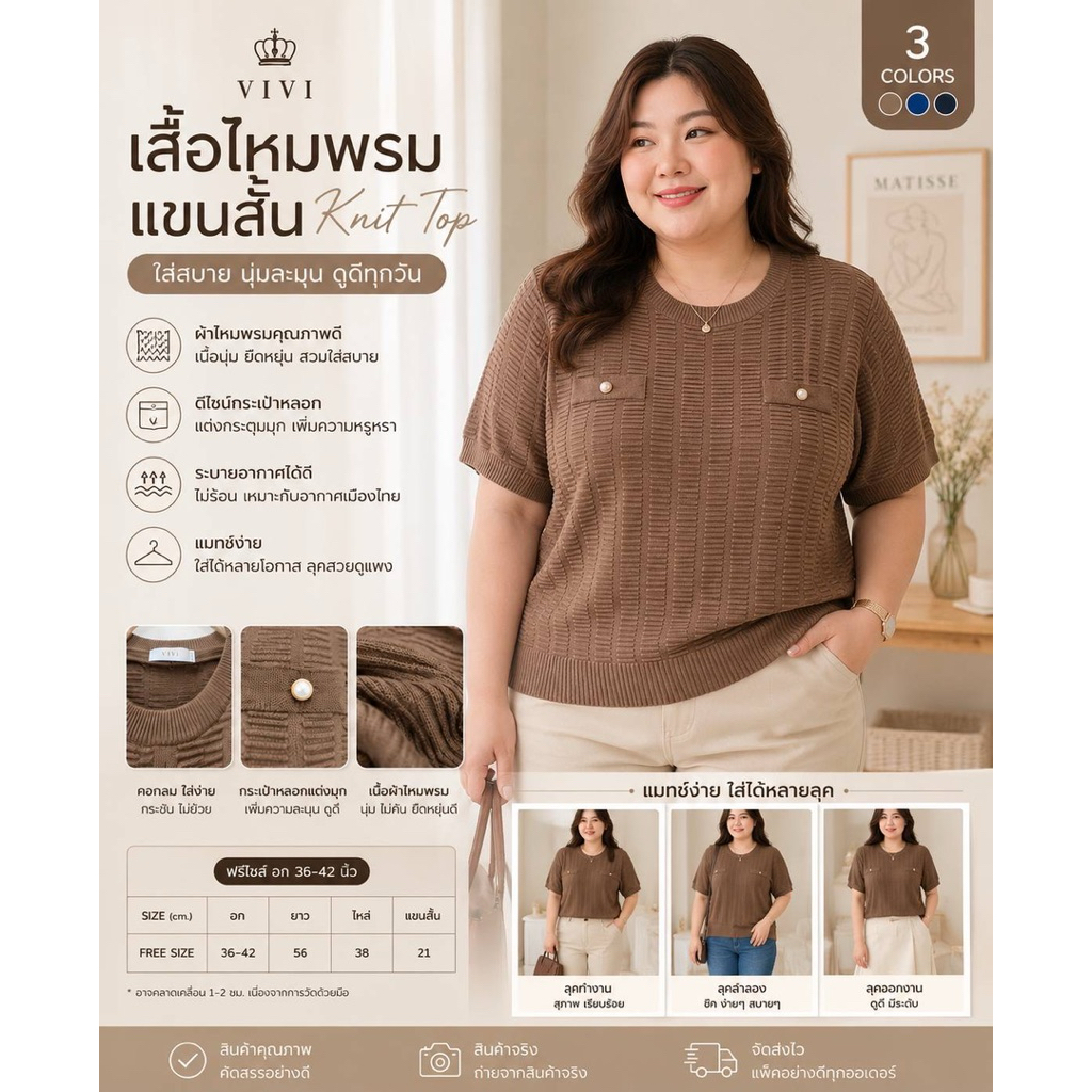Comfy Knit top เสื้อไหมพรมทอลายนูนแต่งกระเป๋าหลอก