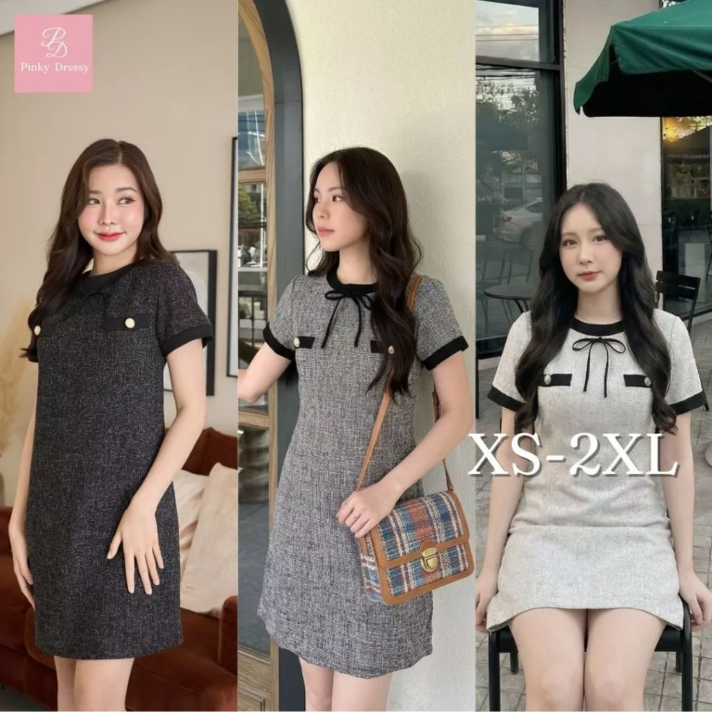PNK025 Elise Dress✨ เดรสแขนสั้น คอกลม ผ้าทวิต ผูกโบว์ เรียบหรู Pinky Dressy