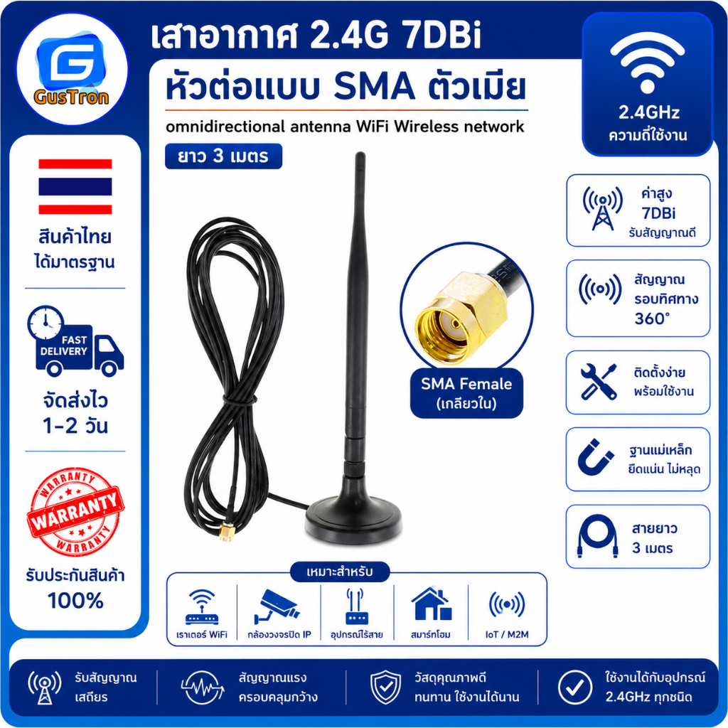เสาอากาศ 2.4G 7DBi หัวต่อแบบ SMA ตัวเมีย ฐานแม่เหล็กตัวผู้ omnidirectional antenna WIFi Wireless network ยาว 3 เมตร