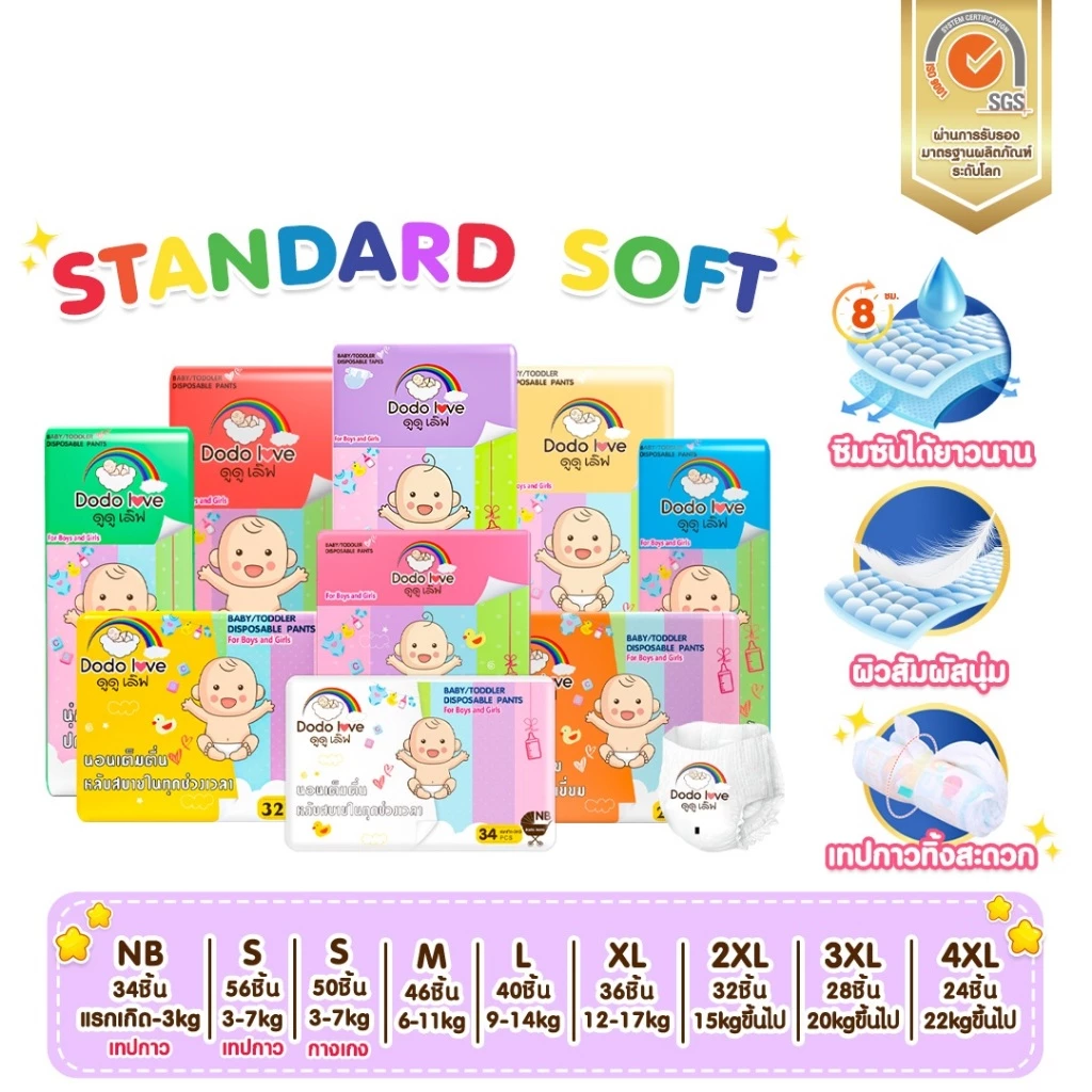 DODOLOVE Standard Soft กางเกงผ้าอ้อม (แพ็คเดี่ยว) Size NB - 4XL นุ่ม บางเบา ใส่สบาย