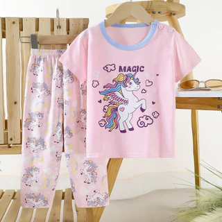 [ชุดเซ็ทเสื้อผ้าเด็ก] เสื้อแขนสั้น+กางเกงขายาว Size80-140 1เดือน-6ปี ผ้าCotton100% ชุดนอน