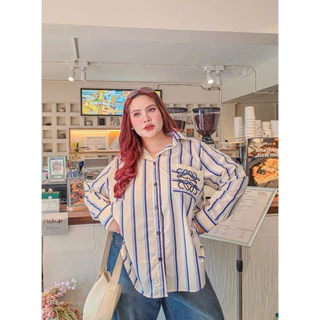 (ส่งด่วน) LW เสื้อเชิ้ตคอปกแขนยาวลายริ้ว ทรงสวย Bigsize ใส่ทำงานได้ อก38-66นิ้ว (PT)
