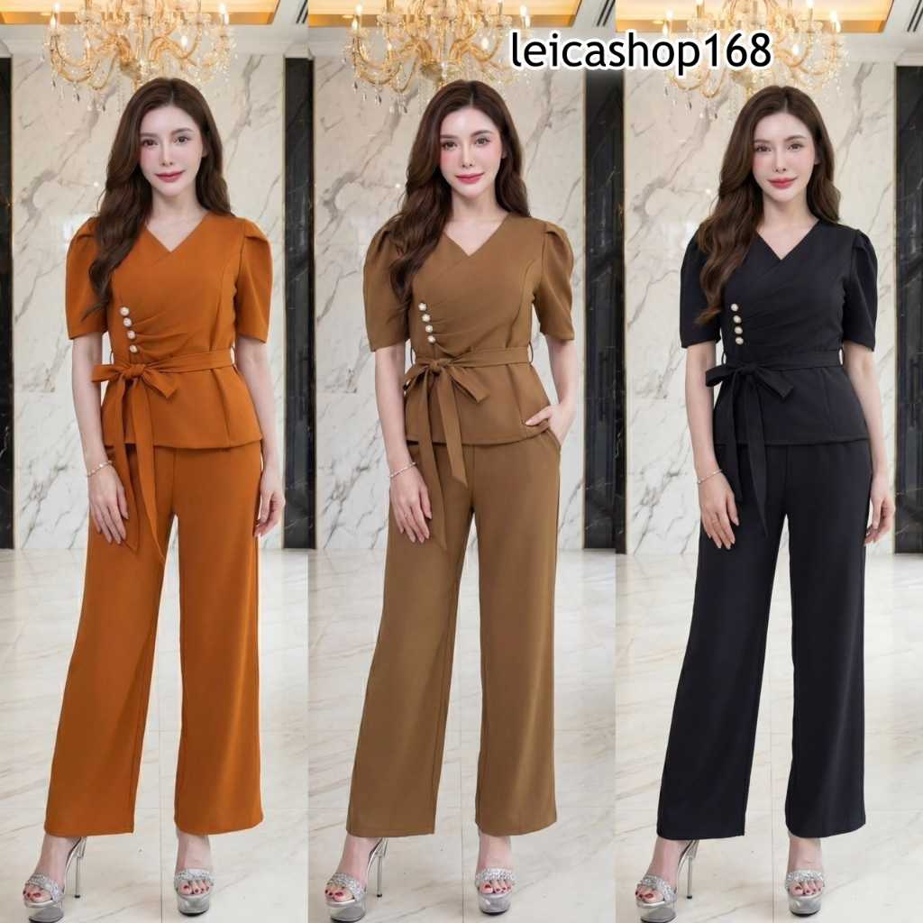 สินค้าพร้อมส่ง ชุดเซตออกงาน ผ้าบาร์บี้ เสื้อแขนทรงเจ้าหญิง แต่งจีบข้างแต่งกระดุมมุก พร้อมสายผูกเอว+กางเกงเอวเรียบซิปข้าง