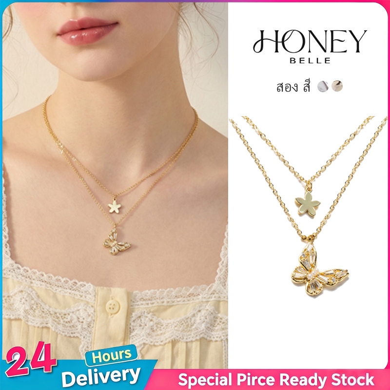 HONEY BELLE✨สร้อยคอผีเสื้อสองชั้น โซ่ประดับเพชร สไตล์เกาหลี จี้ผีเสื้อ เครื่องประดับแฟชั่นสำหรับผู้หญิง