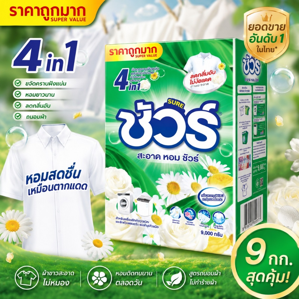SURE ผงซักฟอก ชัวร์ 4in1 9KG ลดใหญ่เซ็ท ผงซักฟ วอช สำหรับ เครื่องซักผ้า ฝาบน และ ฝาหน้า กลิ่นหอม