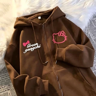 เสื้อฮู้ดซิปผู้หญิง Kitty ลาย Green gungchi สีน้ำตาล Oversize ผ้านุ่มใส่สบาย แฟชั่นสไตล์วินเทจ