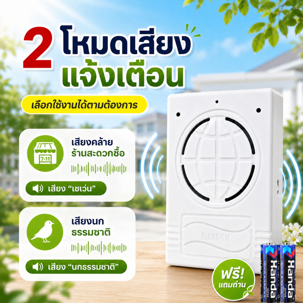 เดินผ่านแล้วดัง ออก​เดิน​ผ่าน​มี​เสียง​ (นกร้อง+ติ้งหน่อง)ตรวจจับการ​เคลื่อน​ด้วยสัญญาณอินฟาเรด กริ่งไร้สายรุ่น​2เสียง​