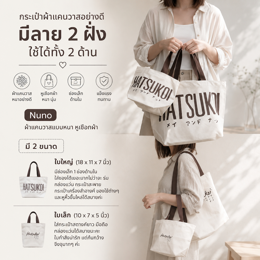 ⭐️กระเป๋าผ้าแคนวาส น่ารักสุดๆ Nuno by Hatsukoi⭐️ พร้อมส่ง มีลายหน้าหลัง ใช้ได้ทั้ง 2 ฝั่ง มีก้น