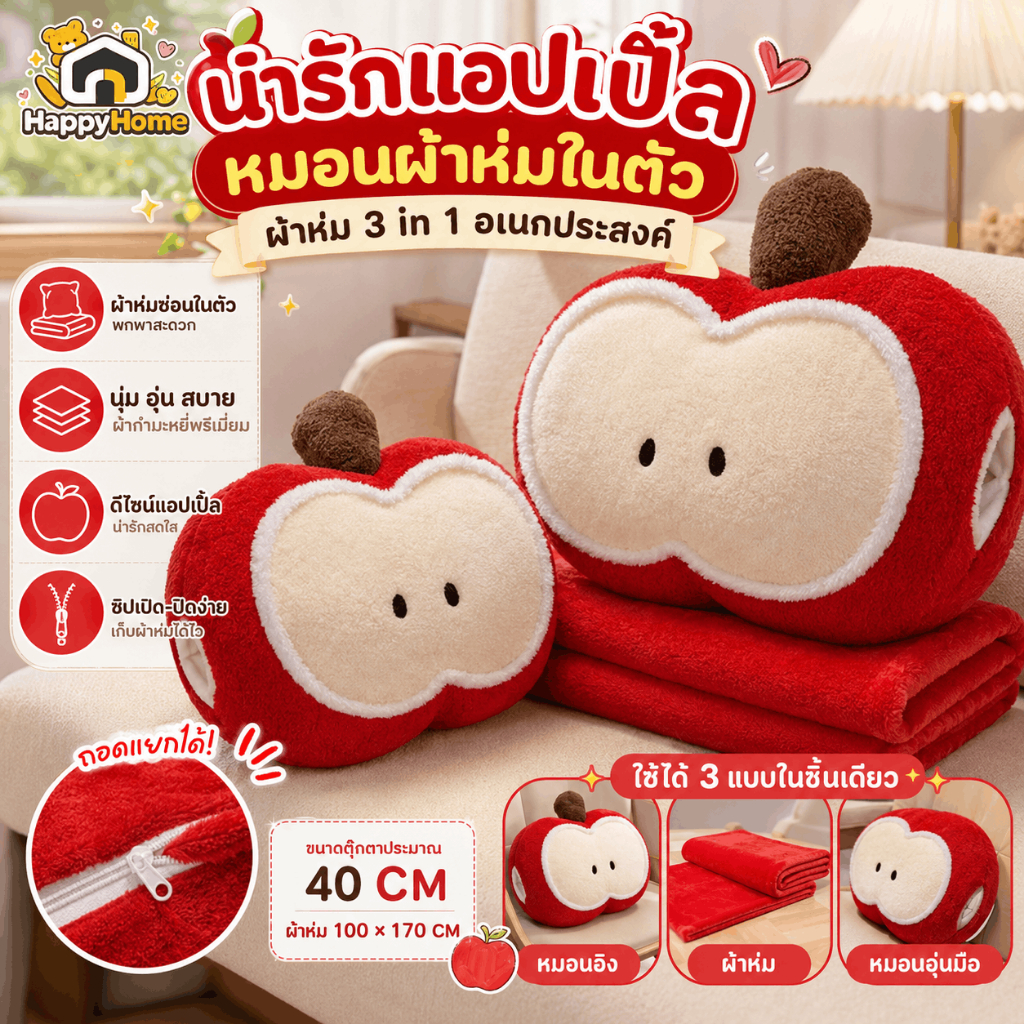 COD น่ารักแอปเปิ้ล หมอน มีผ้าห่มในตัว ผ้าห่มสามในหนึ่งเดียวสํานักงานเอวสนับสนุน