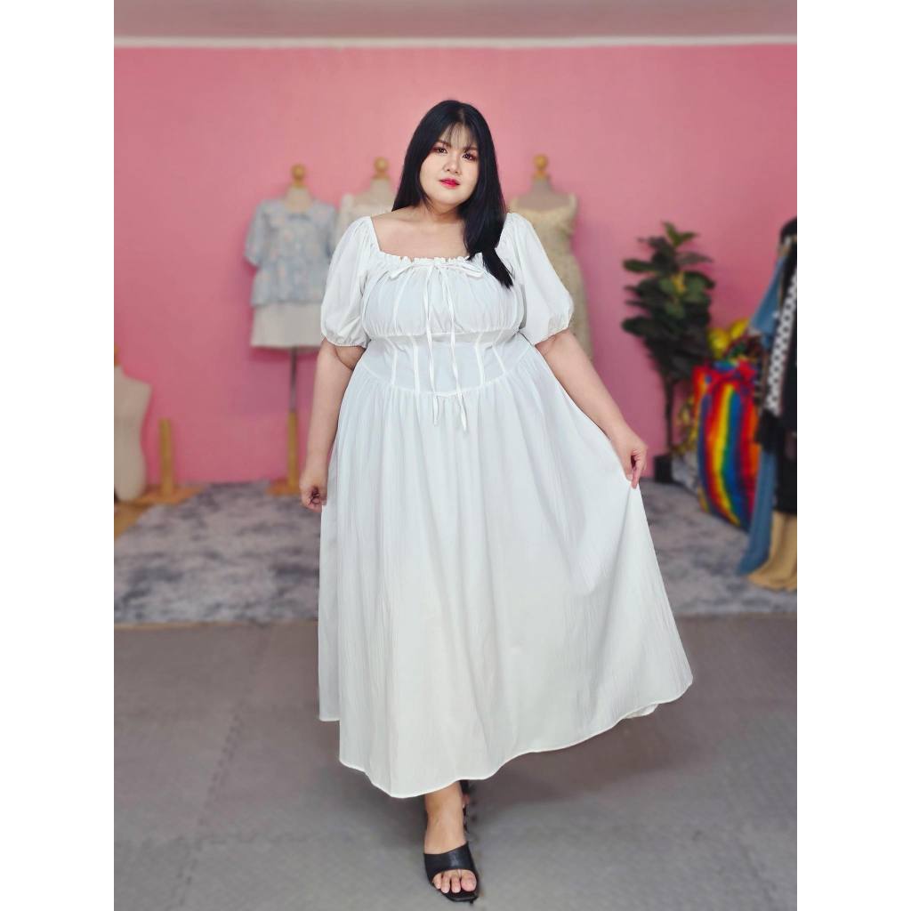 เดรสยาว แขนตุ๊กตาเปิดไหล่ ทรงครอเซ็ทสม็อคเอว ผ้าครัช ไซส์ใหญ่ อก50-62 นิ้ว (ป65)