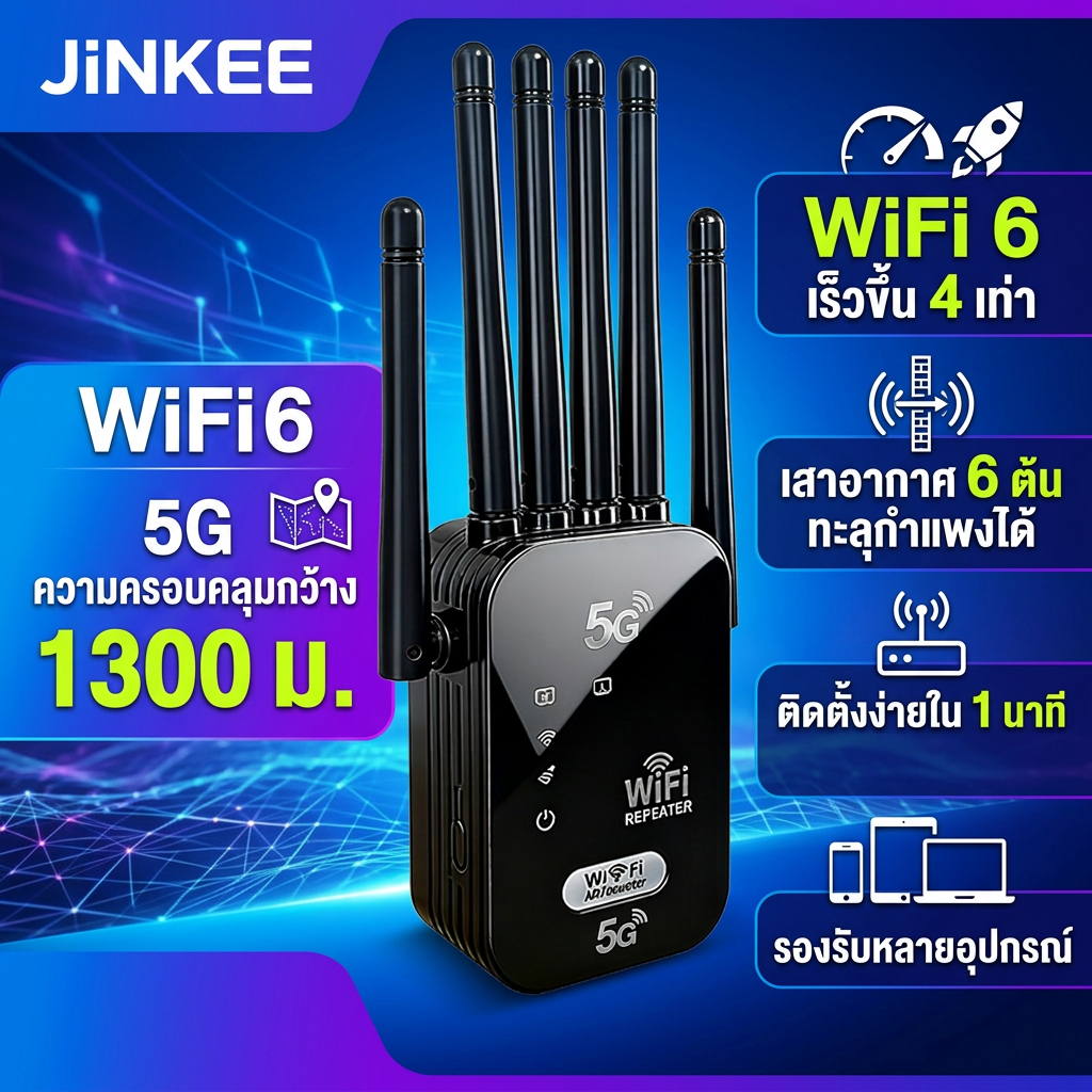 JINKEE 5G1000㎡ ตัวขยายสัญญาณ WiFi บ้าน ระยะไกล Dual Band WiFi รีพีตเตอร์ ตัวเสริมสัญญาณ WiFi ตัวขยายสัญญาณเราเตอร์