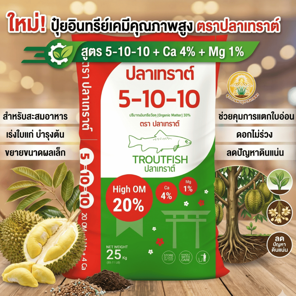 ปุ๋ยปลาเทราต์ สูตร 5-10-10 สำหรับบำรุงพืชและการดูแลแปลง เหมาะกับหลายชนิดพืช ขนาด25KG